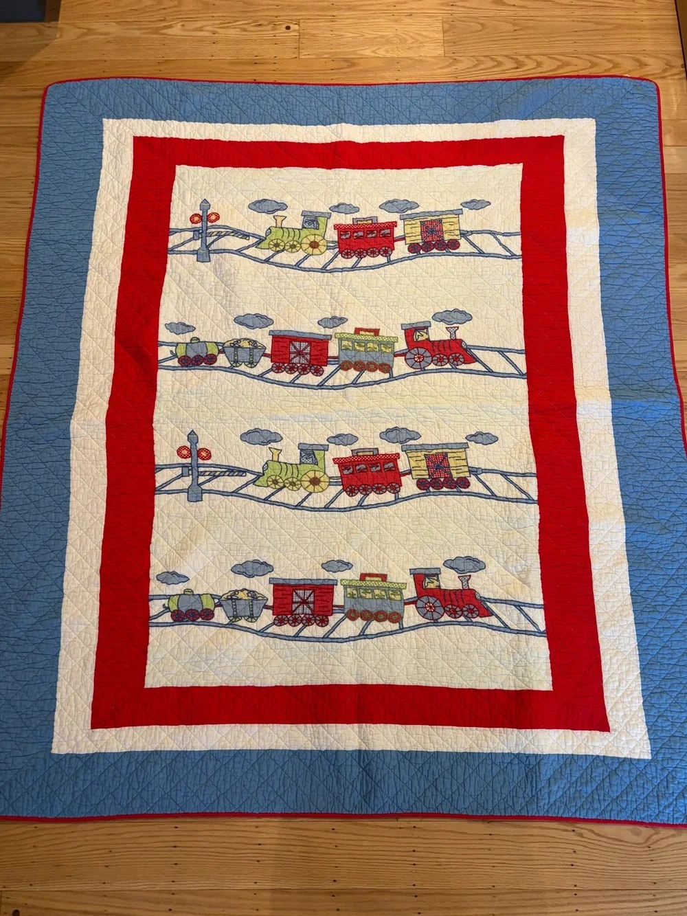 Train Appliqué Twin Quilt Bedding Set Shams Bed Skirt Valance Blue 100% Cotton